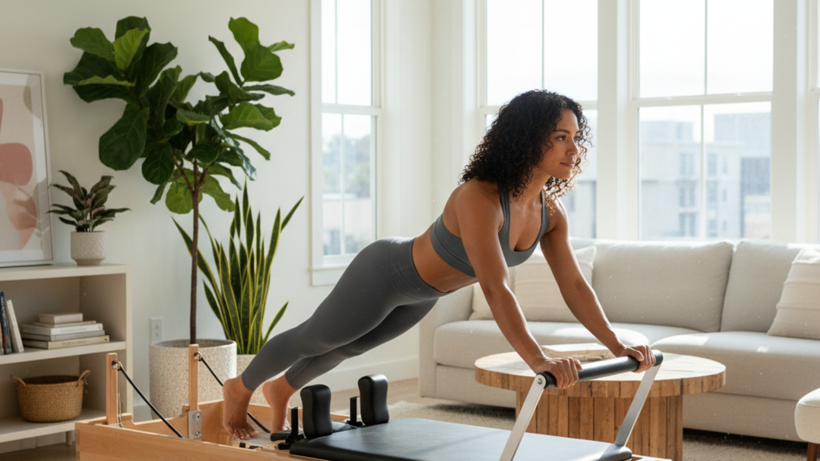 alt_text: Diverse woman doing reformer Pilates at home in a bright, modern living room with "At Home Reformer Pilates" text