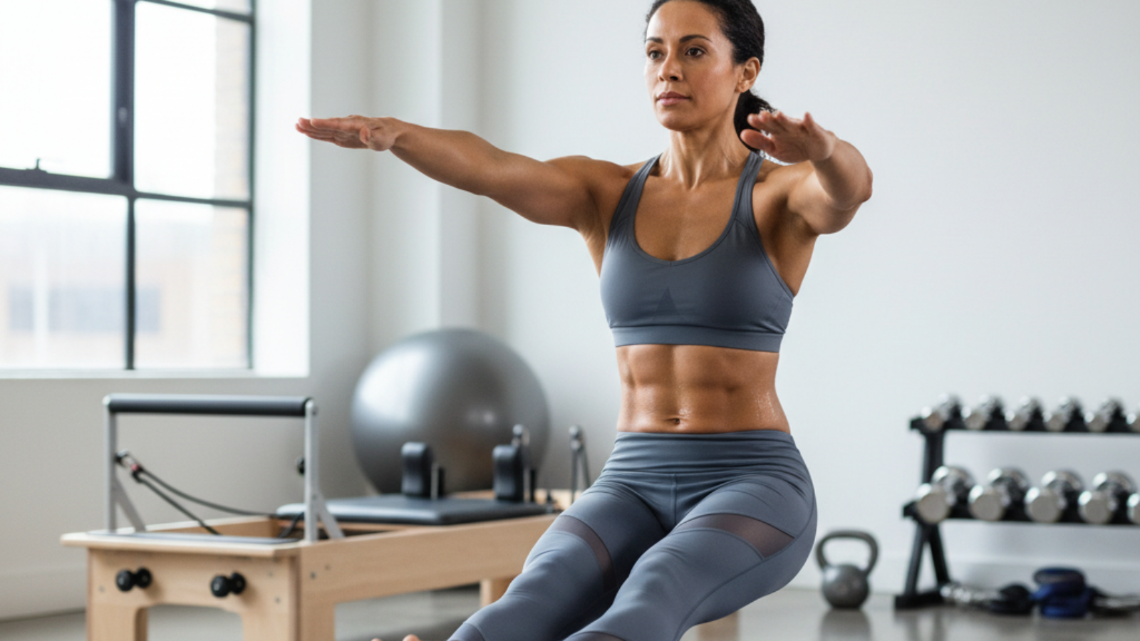 Is Pilates Strength Training? Fit woman performs Pilates, blending strength and Pilates gear in bright studio.