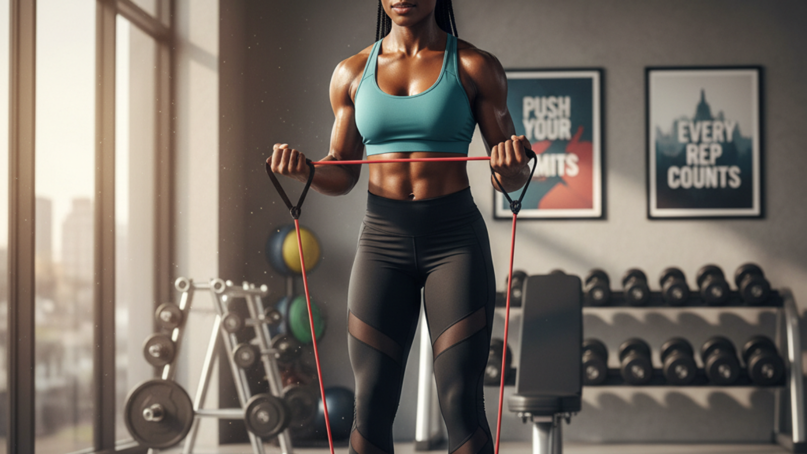 Athletic person uses resistance bands in a modern gym, showcasing strength, energy, and motivation.