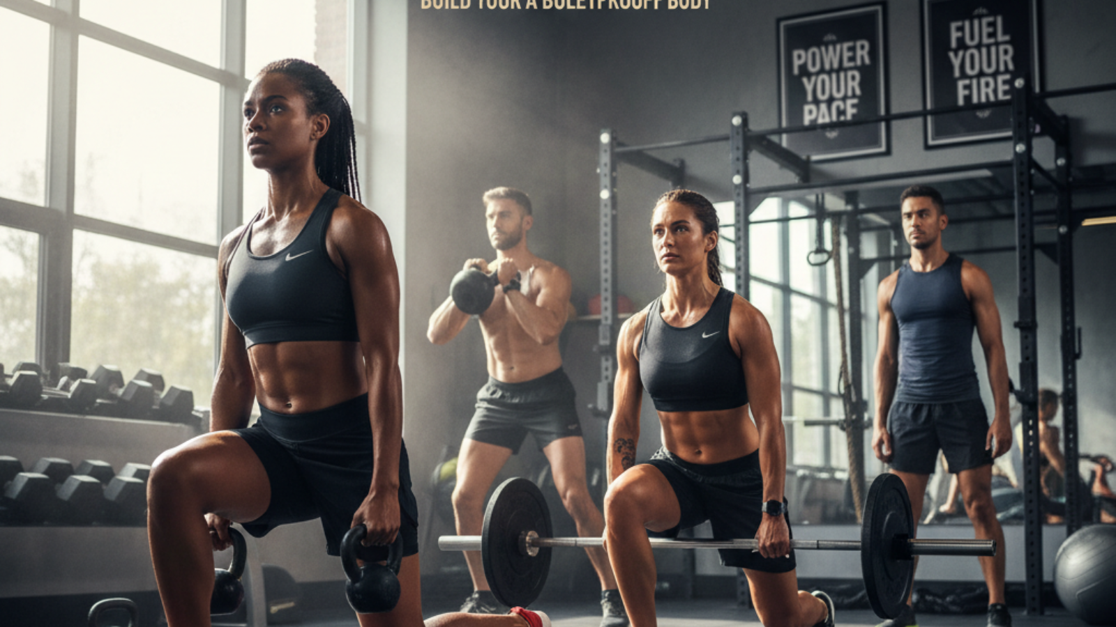 Diverse runners doing strength training in a bright gym, showcasing power, focus, and athleticism.