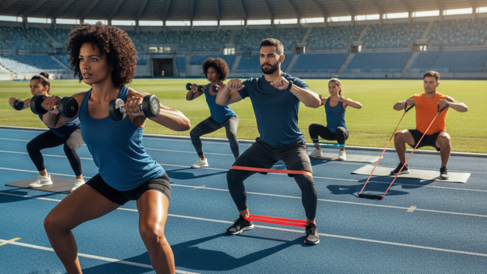 alt_text Fit men and women do strength exercises with weights and bands on a stadium track under a bright sky.