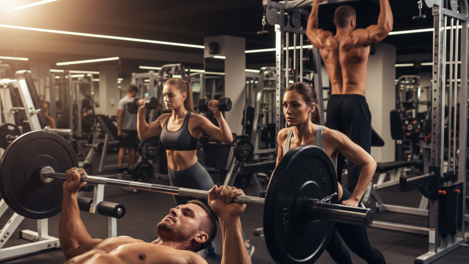 Diverse people perform upper body strength exercises in a modern gym under dynamic, motivating lighting.