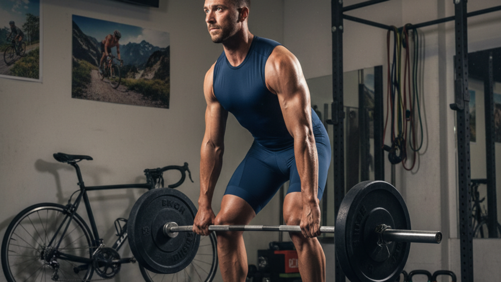 alt_text: Cyclist in gym gear lifting weights, bike nearby, blending strength training with cycling focus.