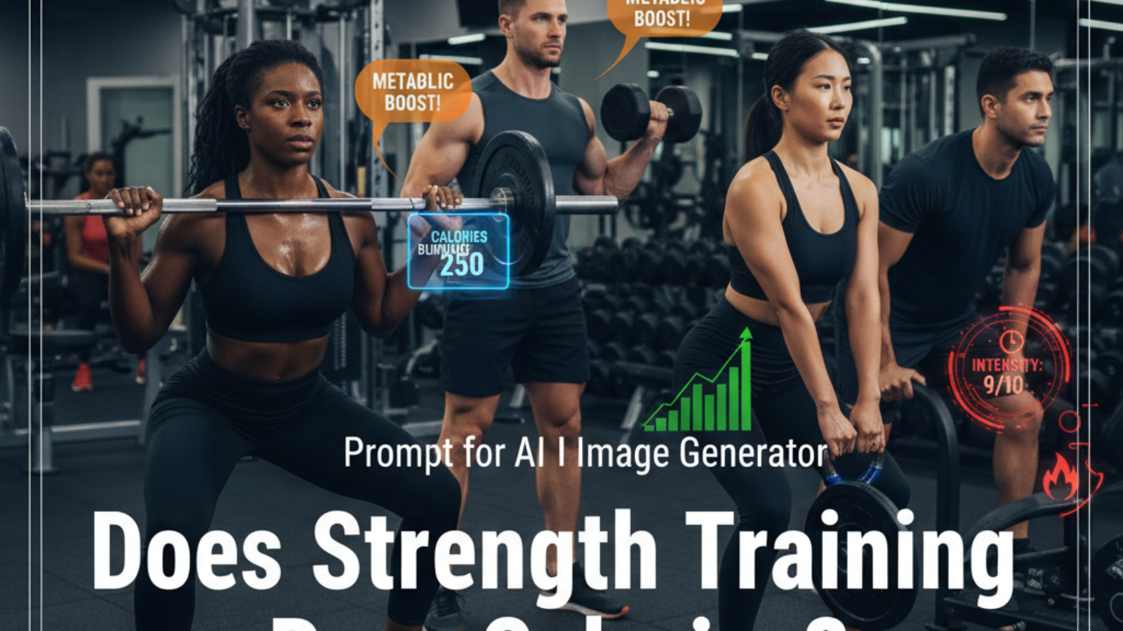 Diverse athletes strength training in a gym with digital calorie counts, asking: Does it burn calories?