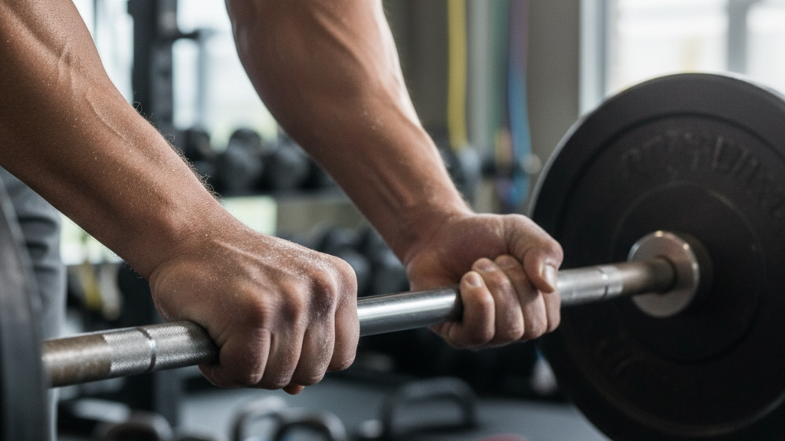 alt_text: Close-up of strong, chalk-dusted hands gripping a heavy barbell in a gym, showing intense grip training.