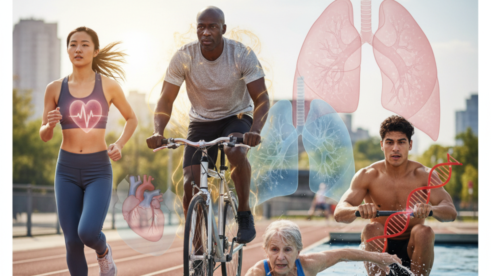 Diverse people doing cardio with heart and lung graphics, highlighting health and fitness benefits.