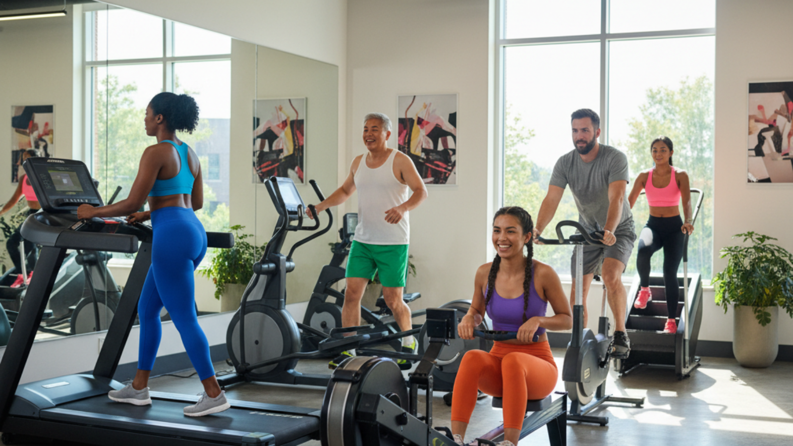 Best Cardio Machine: Diverse adults exercising on various gym machines in a bright, modern fitness space.