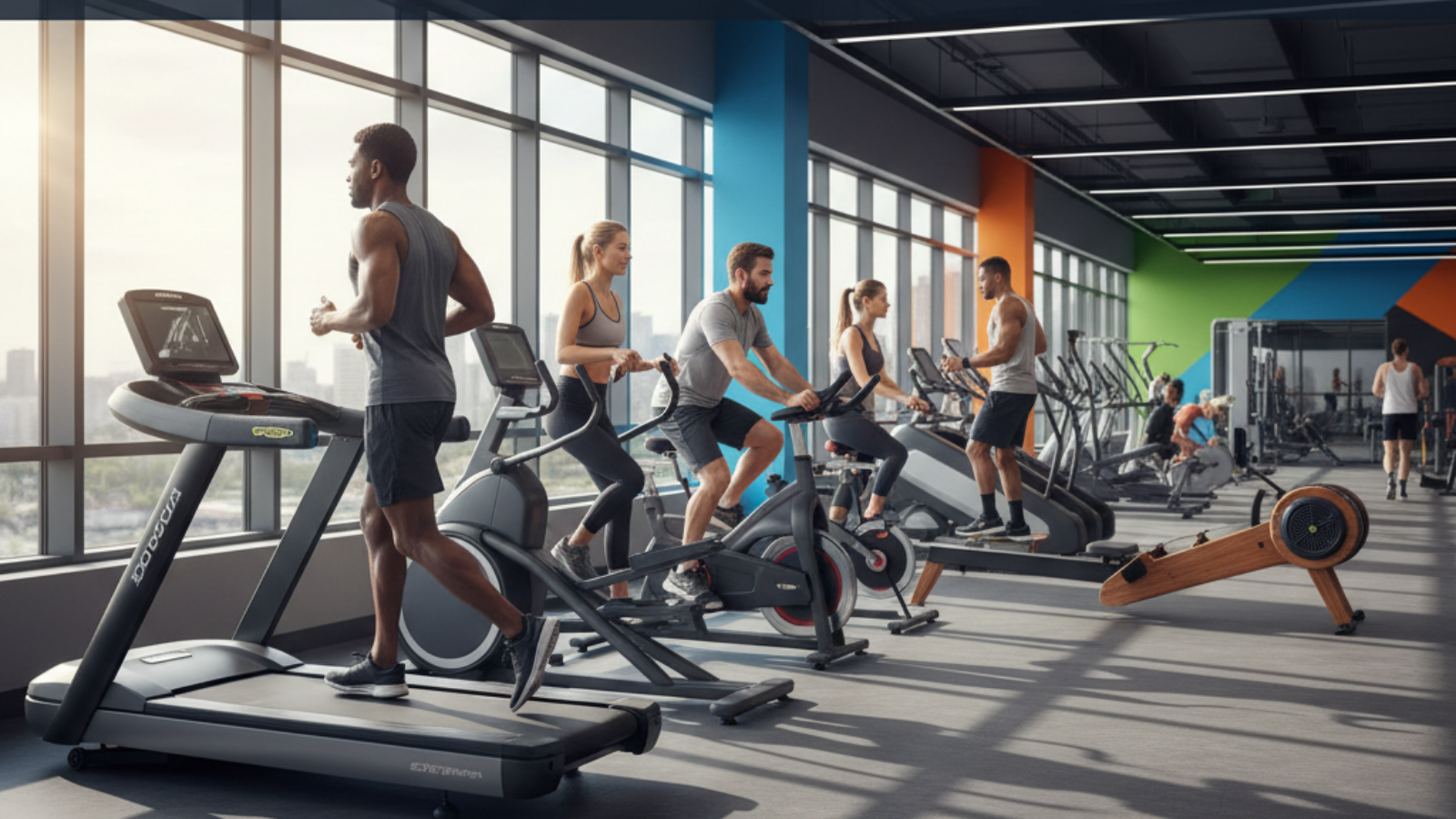 Diverse athletes using top cardio machines in a modern gym with “Best Cardio Exercise Equipment” text.