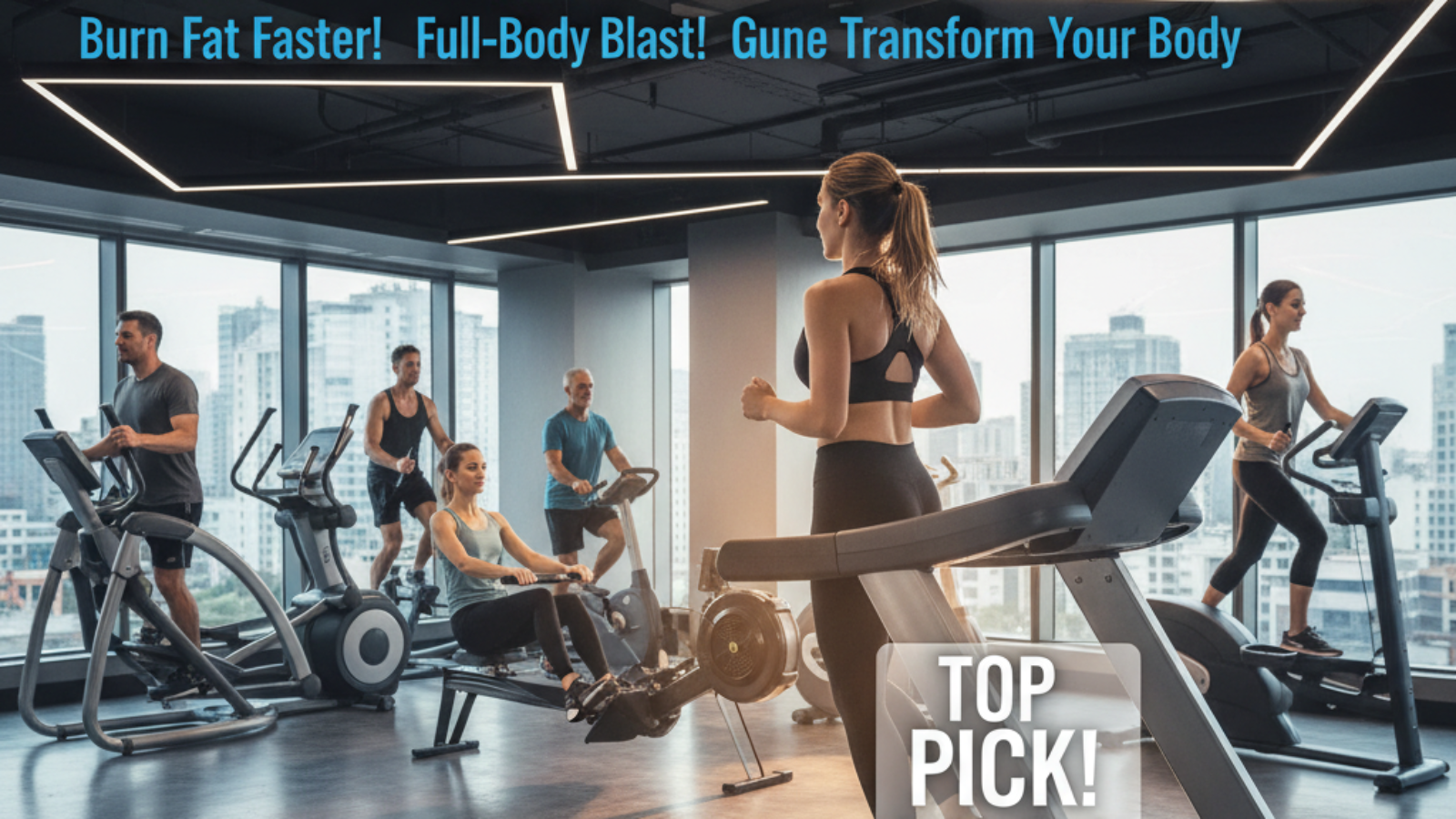 Diverse people use cardio machines in a modern gym; treadmill highlighted as top weight loss pick.