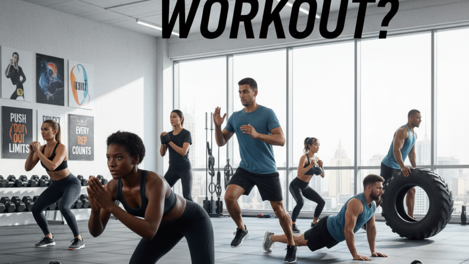 What is an HIIT Workout? Diverse group performs high-intensity exercises in a bright, modern gym.