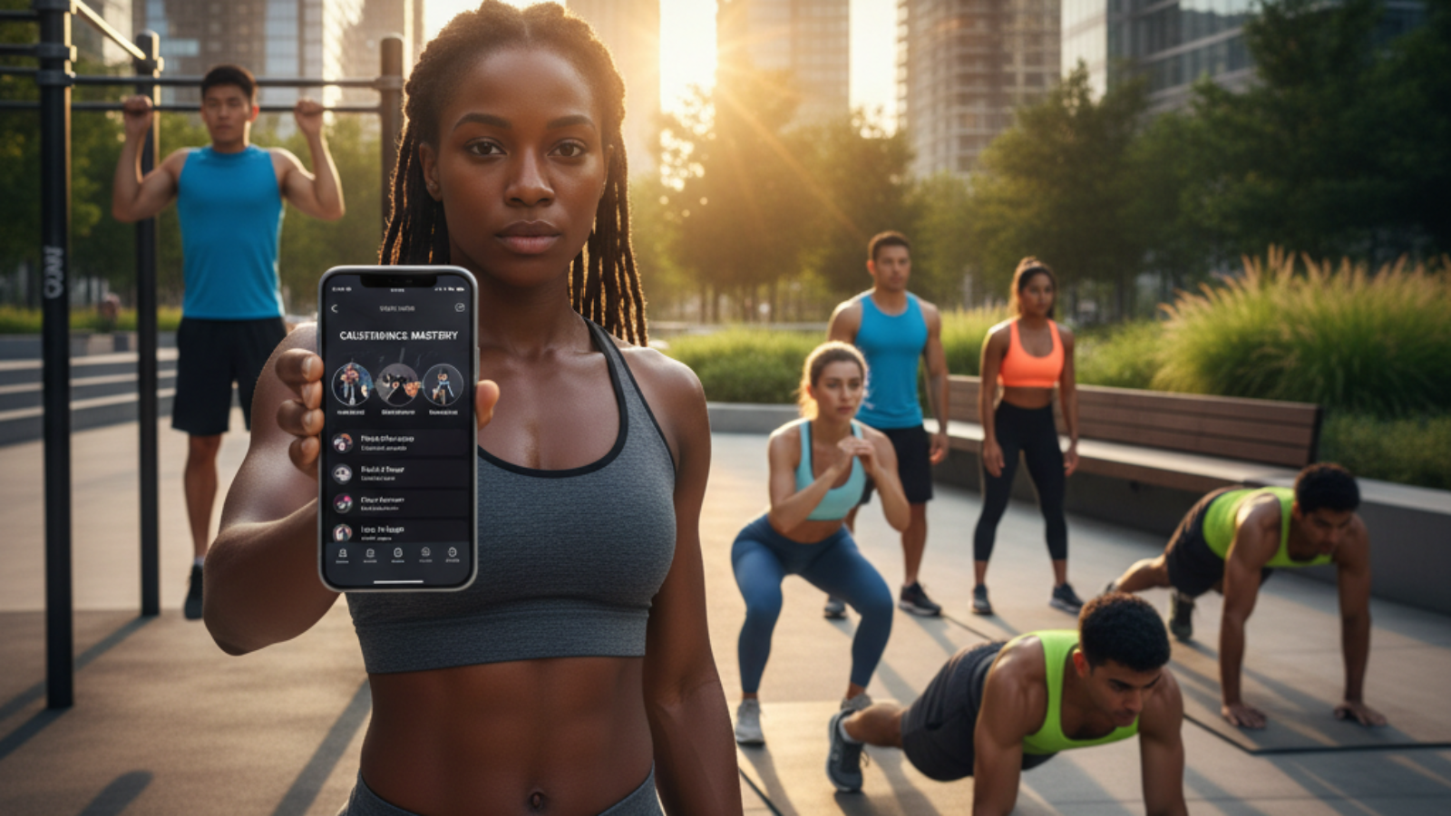 Best Calisthenics Apps of 2024—diverse athletes exercise in a park, app shown on a smartphone.