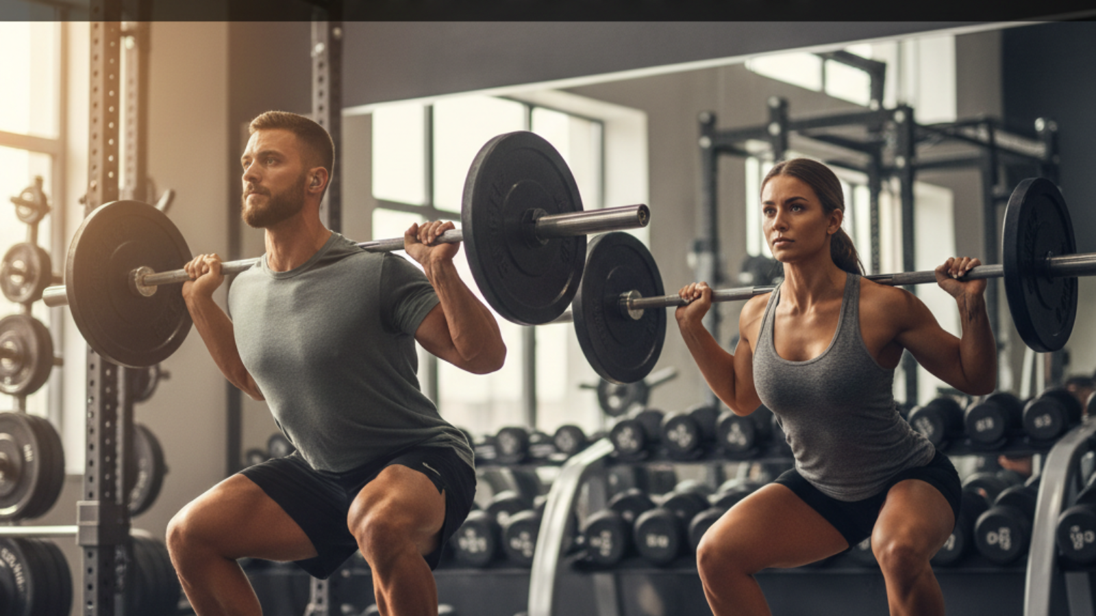 Two athletes demonstrate front and back squats in a gym, comparing technique and bar position.