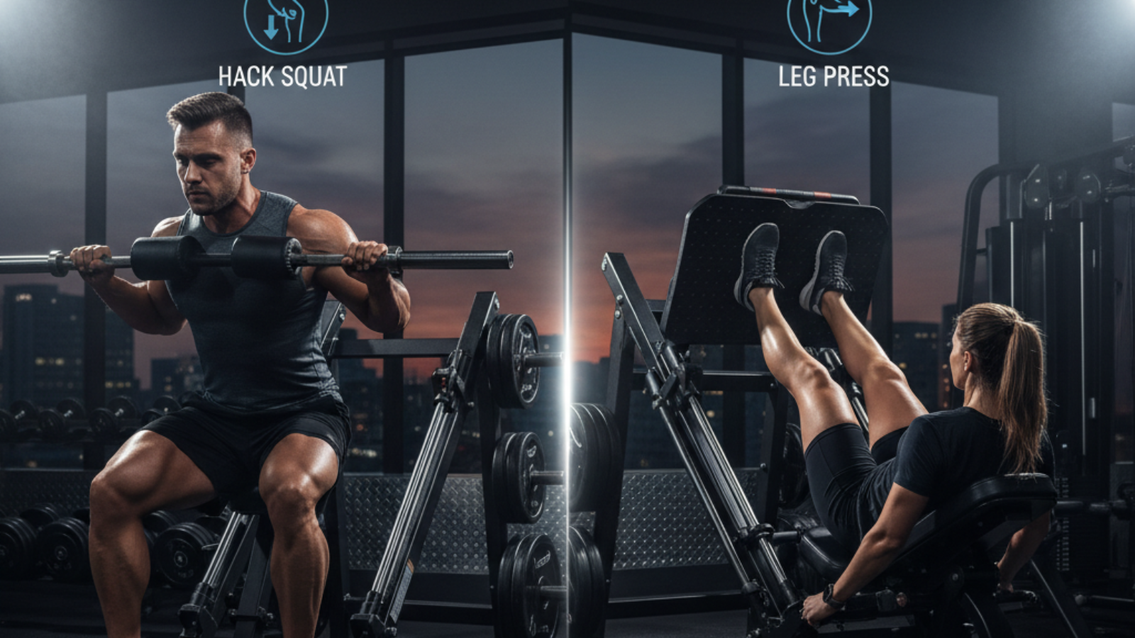 Hack squat vs leg press: fit athletes demonstrate both exercises, highlighting muscle strength and form.