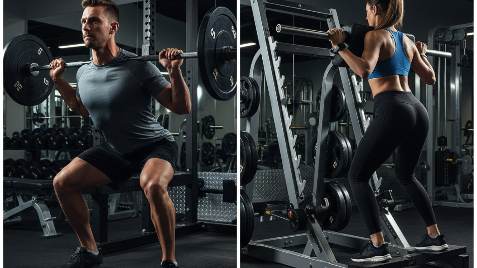 Side-by-side: athlete doing a barbell squat vs. another on hack squat machine, labeled for comparison.