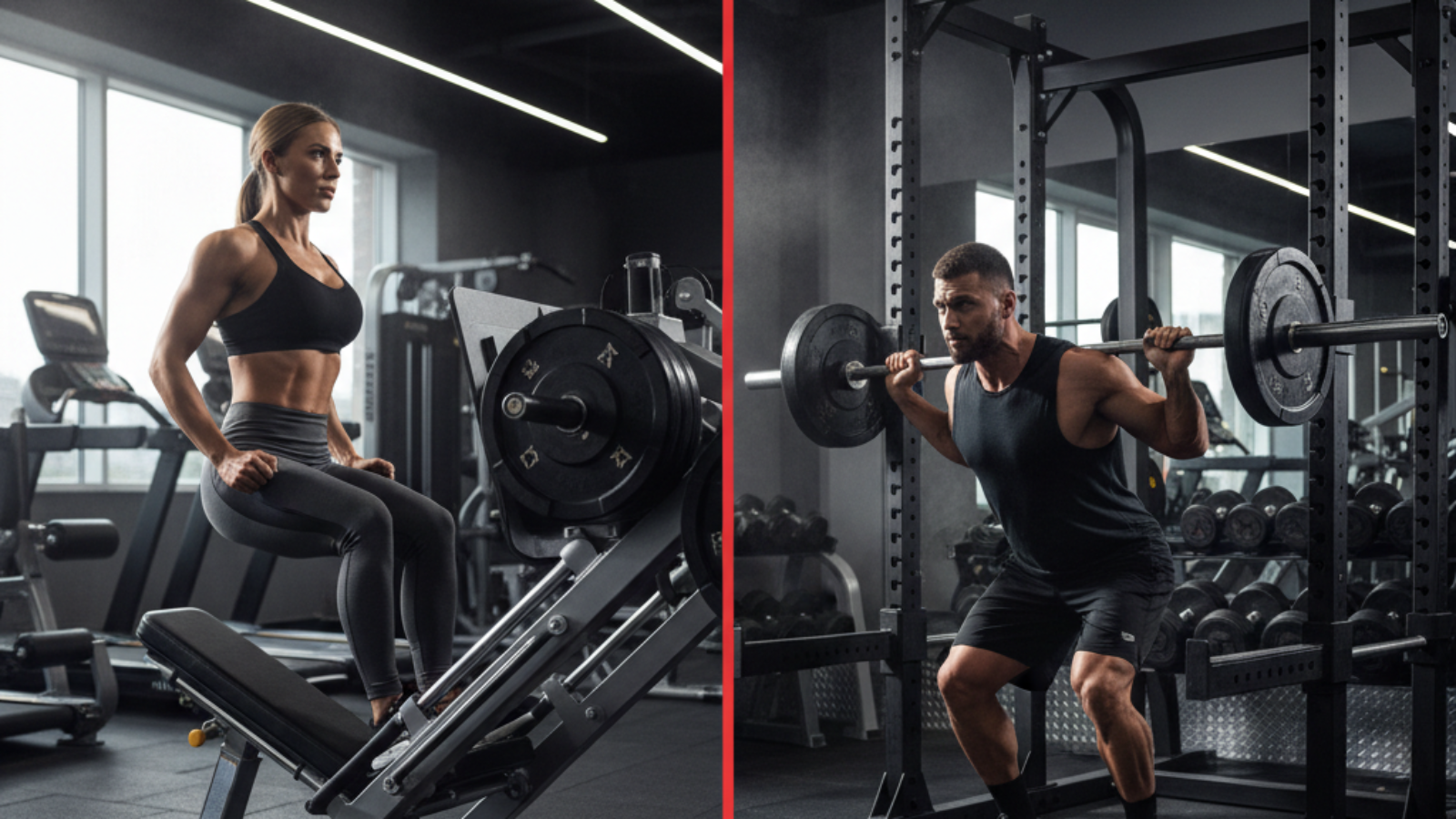 Leg Press vs Squat: Two athletes showcase strength using different gym equipment side by side.