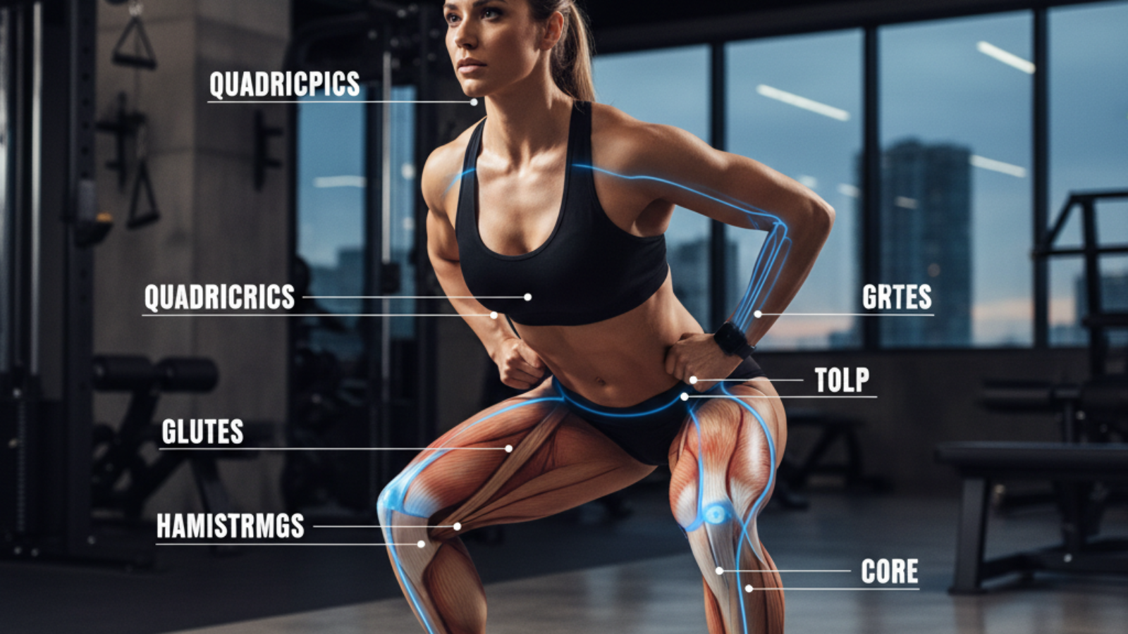 Person squatting in gym with highlighted muscles, showing what squats work: quads, glutes, core.