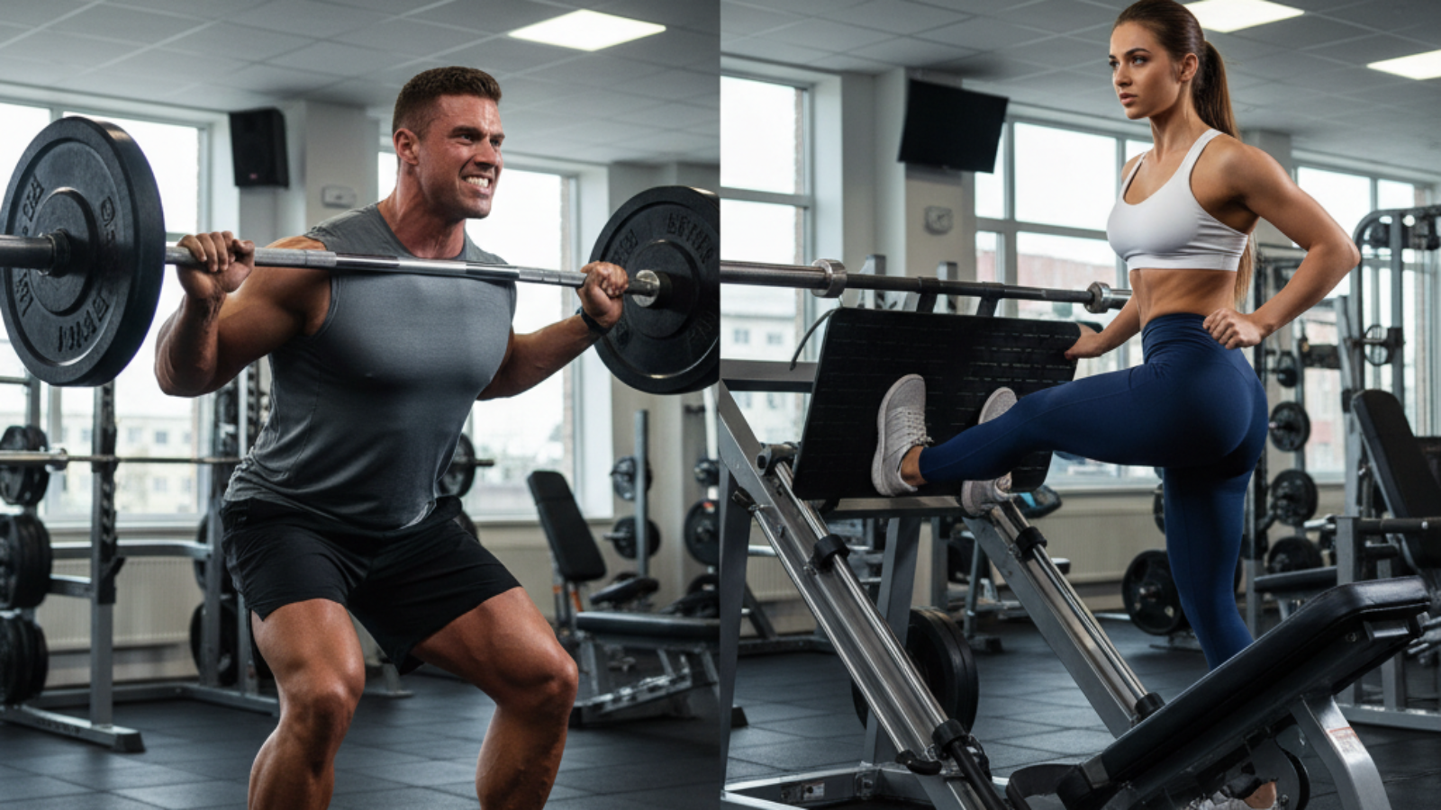 Squatting vs Leg Press: A gym showdown of strength, featuring athletes pushing heavy weights with grit.