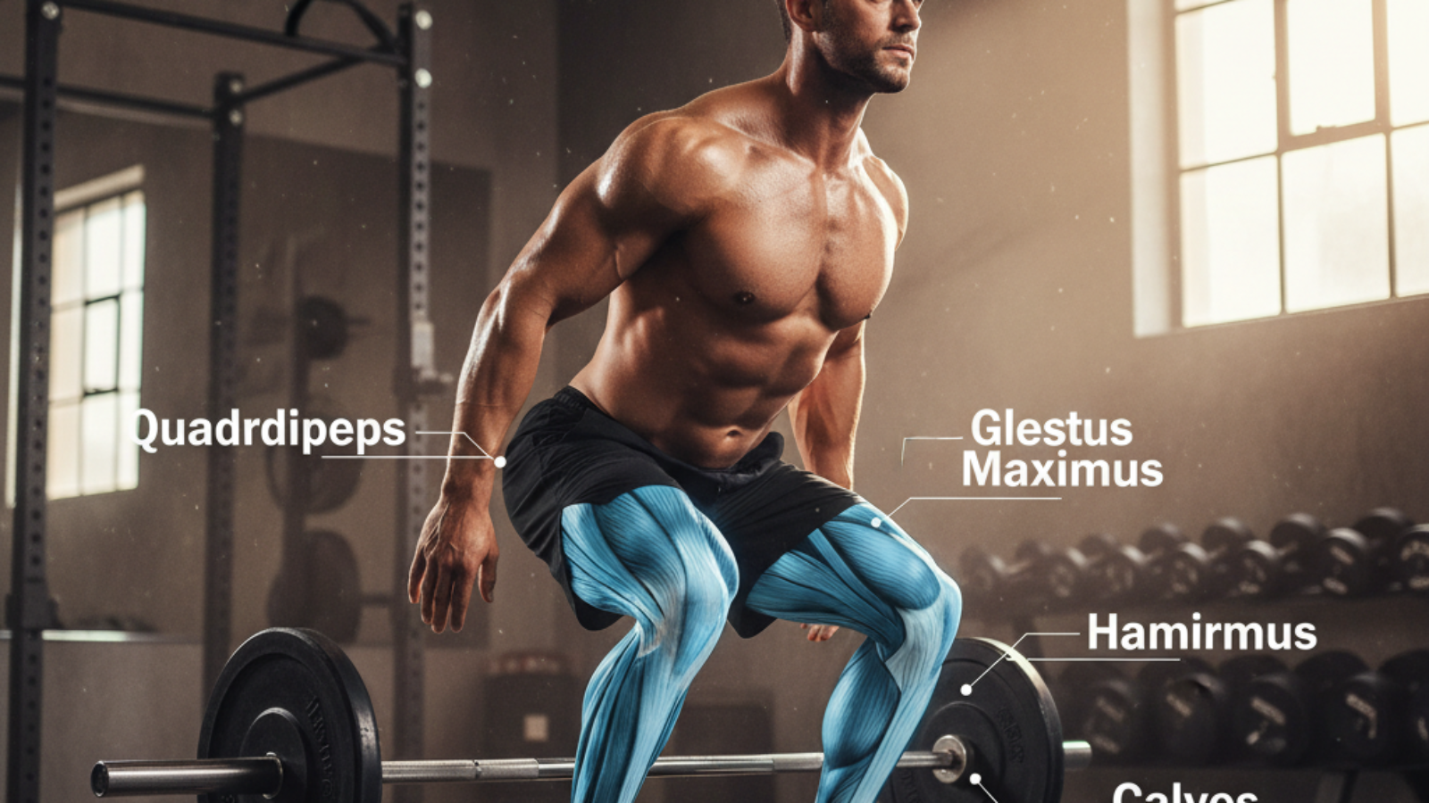 Athlete mid-hack squat with muscles highlighted and labeled: quads, glutes, hamstrings, and calves.