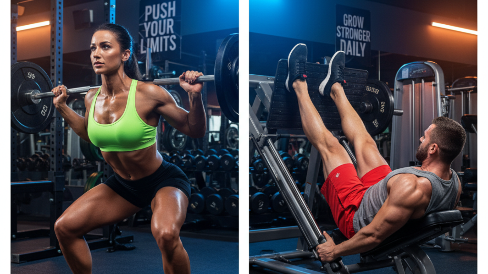 Squat Press vs Leg Press: side-by-side gym comparison of leg exercises with strong, focused athletes.