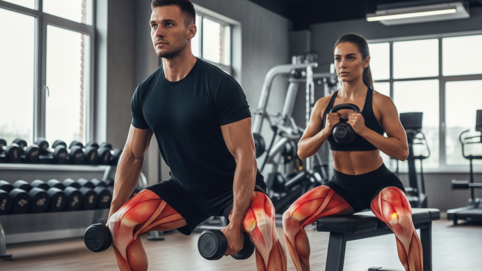 Muscular man and woman demo Bulgarian split squats, highlighting worked muscles in a modern gym setting.