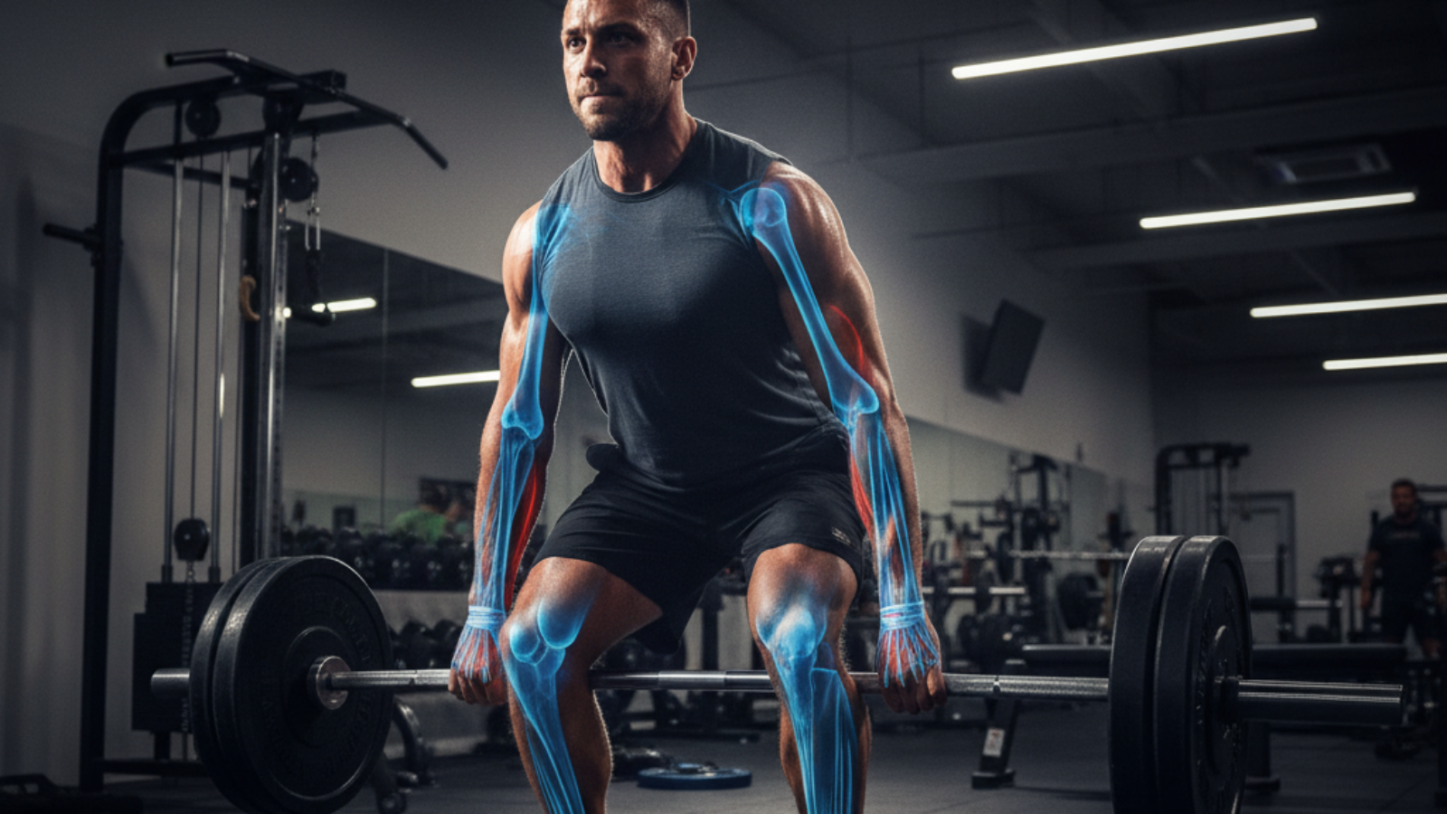 Athlete deadlifting in gym with highlighted muscles and overlays; magazine cover on deadlift benefits.