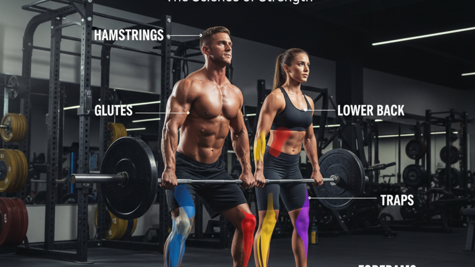 Athlete deadlifting with highlighted muscles: hamstrings, glutes, back, core, forearms, and traps.
