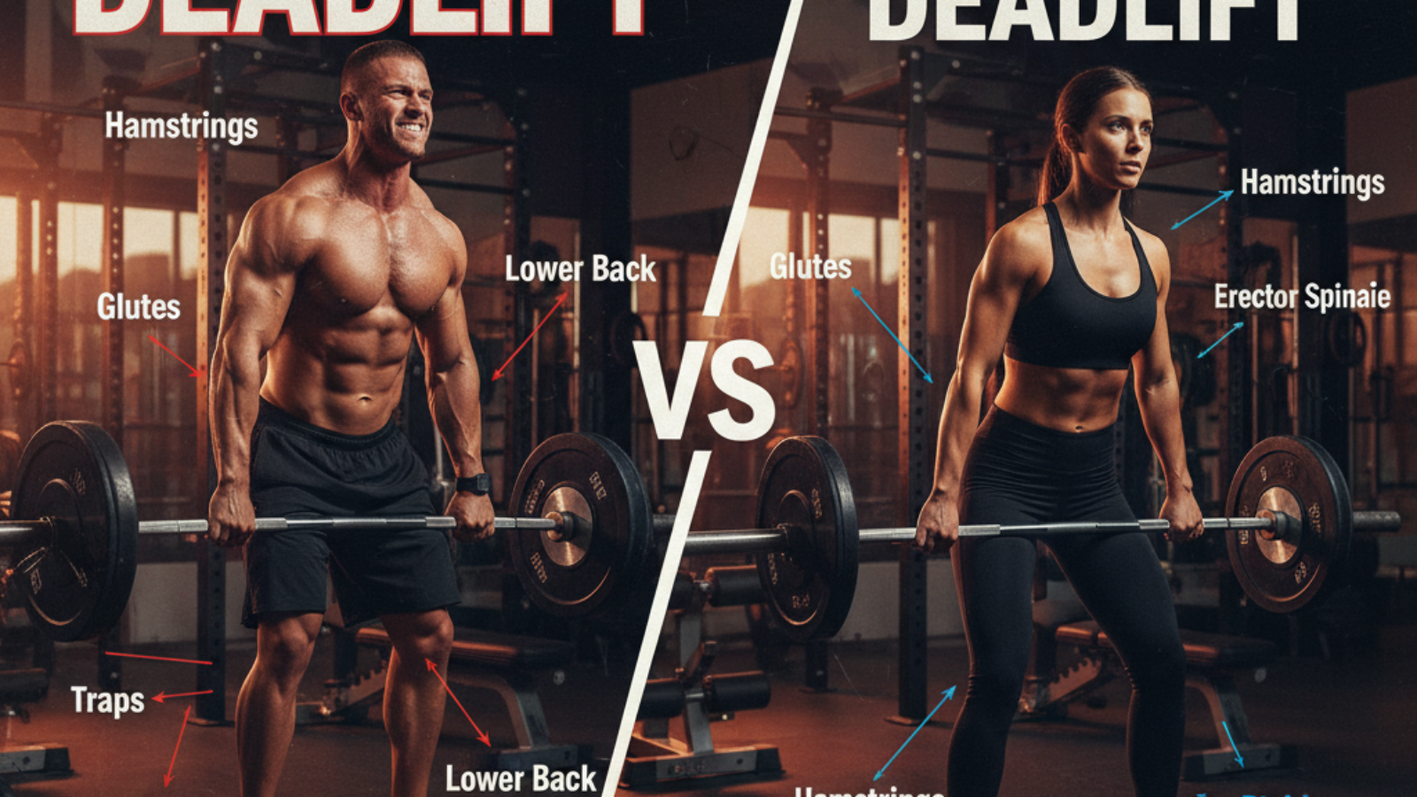 alt_text Deadlift vs Romanian Deadlift: Athletes showcase form and muscles worked in a dynamic gym scene.