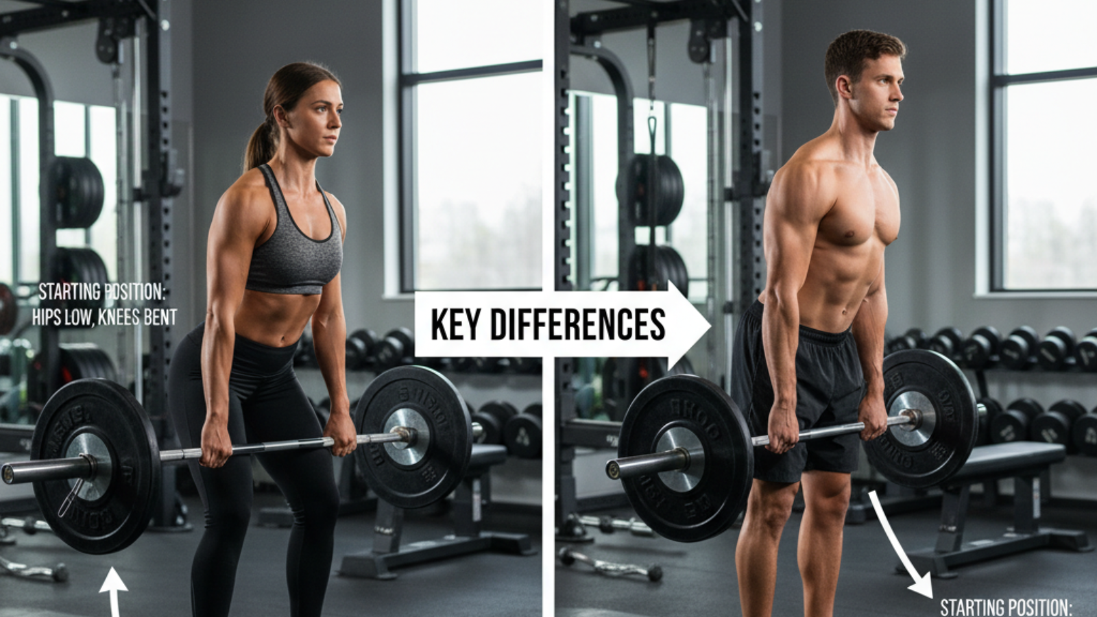 Two athletes demonstrate deadlift vs RDL in a gym, highlighting key differences in form and bar path.