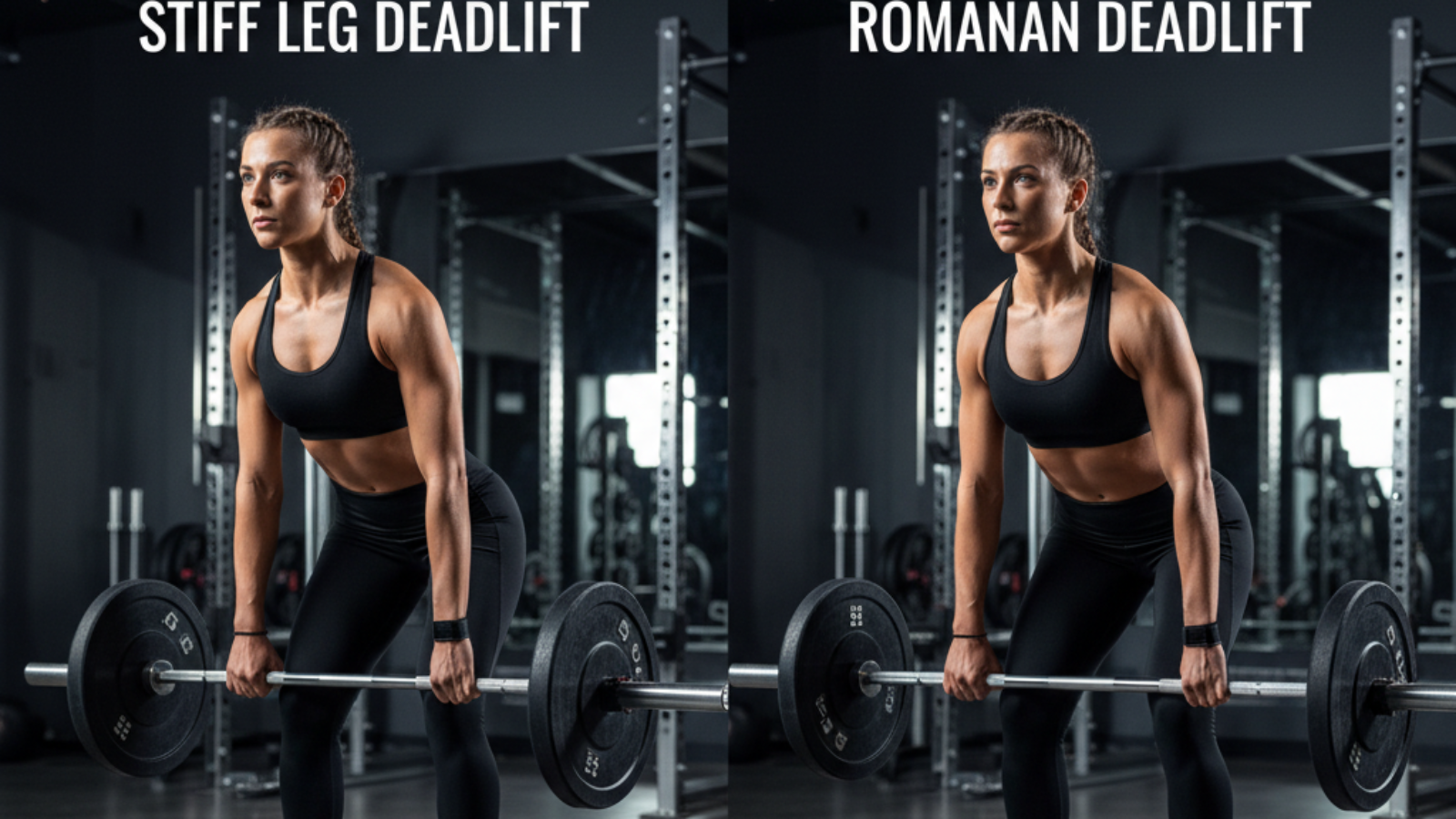 Comparison of stiff leg and Romanian deadlifts: knee position and hip movement differences shown.