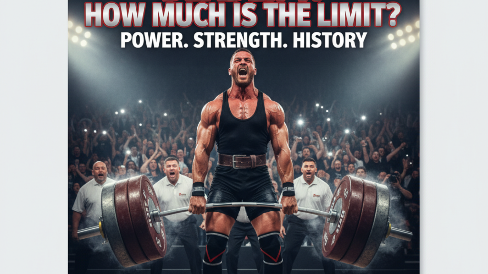 Powerful athlete breaking the deadlift world record on a magazine cover, crowd and judges cheering.