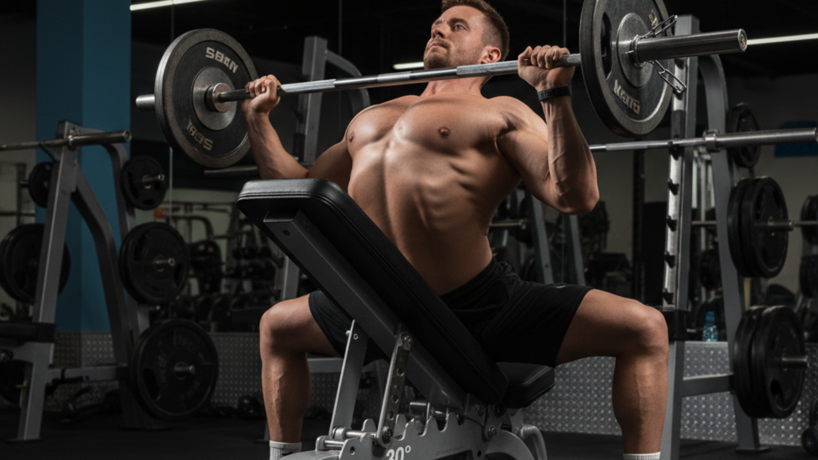 Fit person performing incline bench press at a 30° angle, highlighting bench angle and correct form.