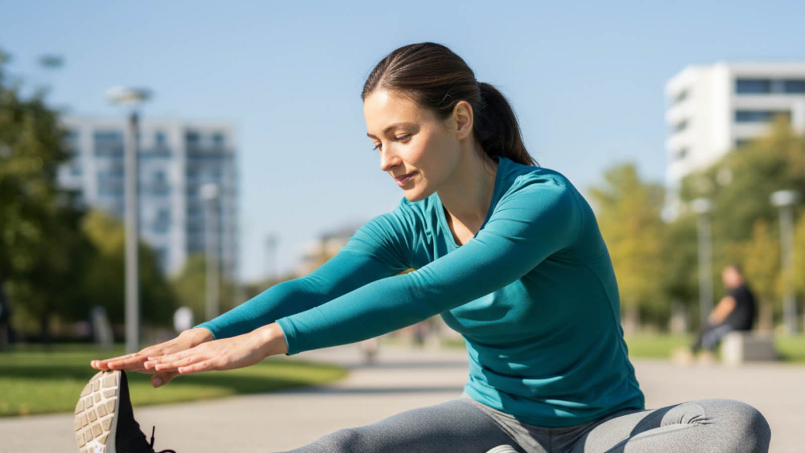 Person in athletic wear demonstrates a classic hamstring stretch with article title text overlay.