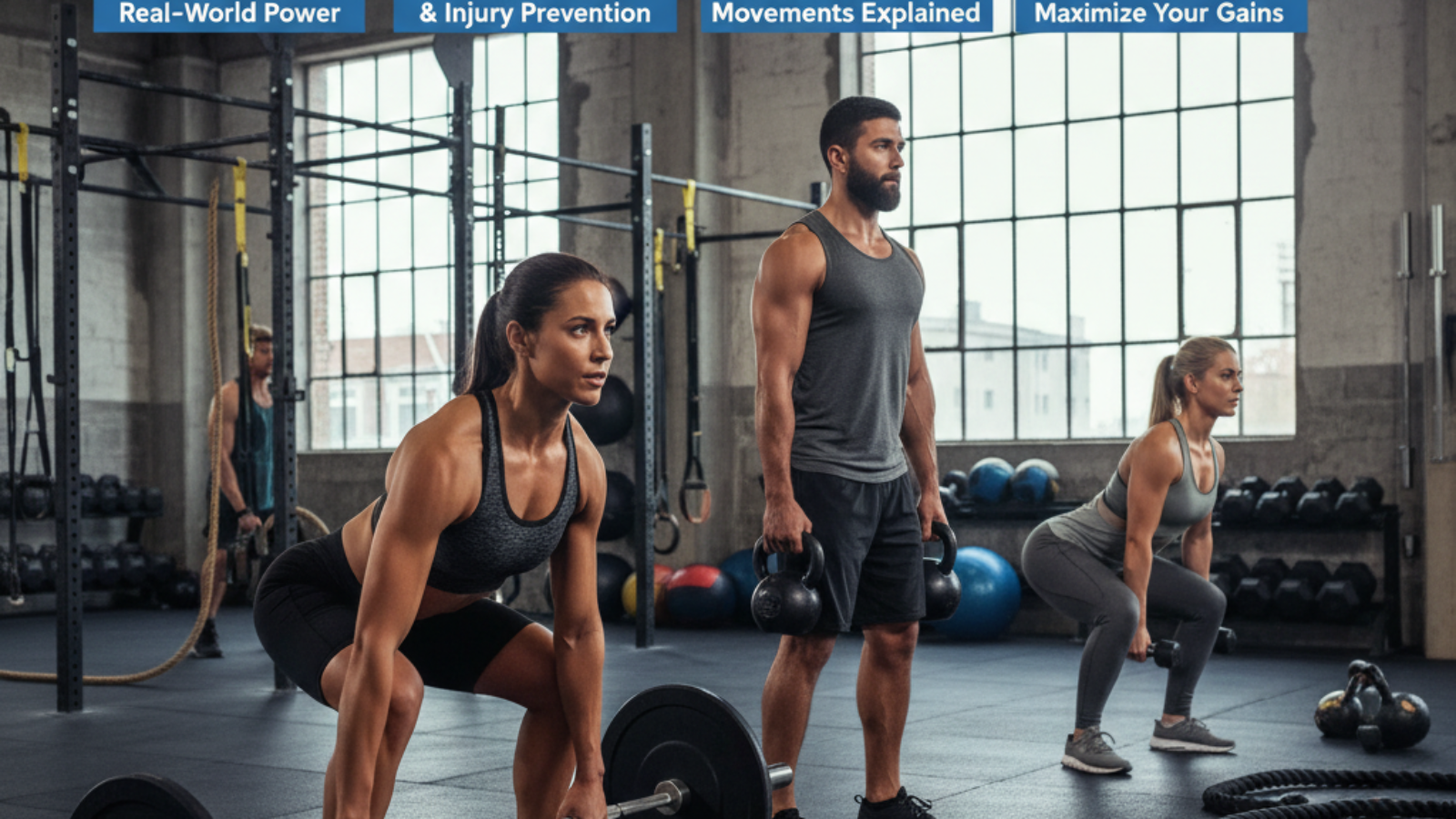 Diverse adults train with kettlebells and dumbbells in a gym for functional strength and fitness benefits.