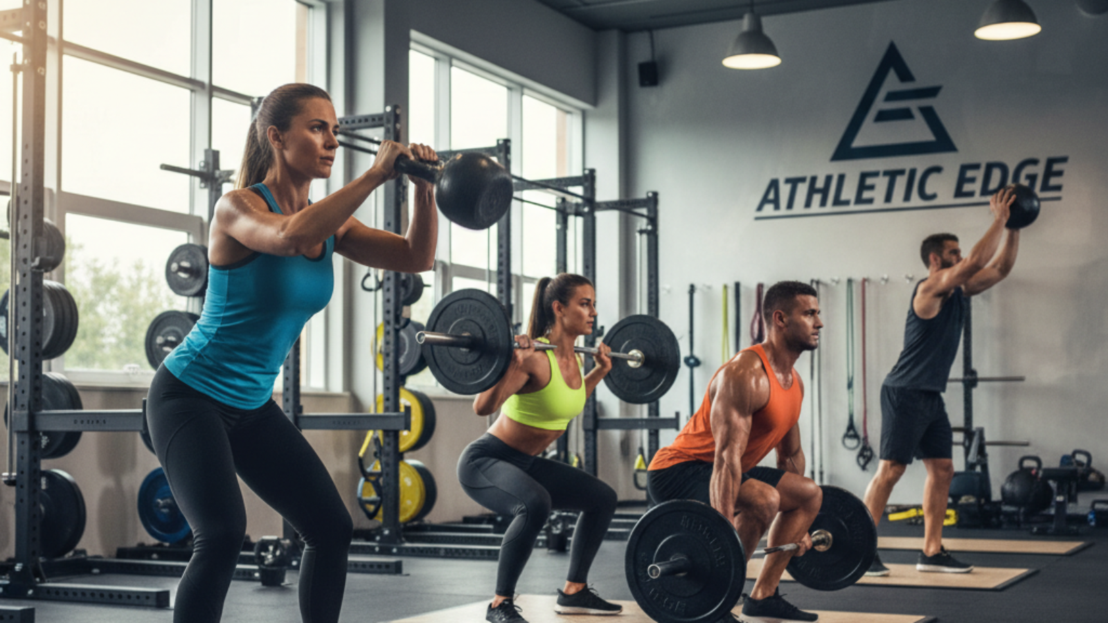 alt_text Diverse athletes power through weighted exercises in a bright gym, showcasing energy and strength.