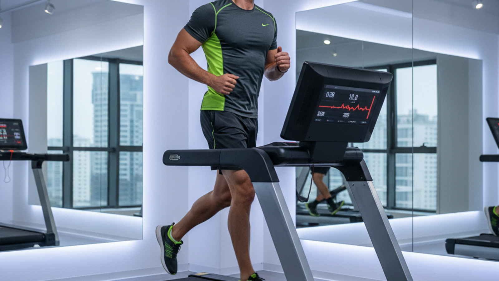 alt_text: Energetic runner on treadmill, sweat and stats visible, bold "HIIT Treadmill Workout" text overlay.