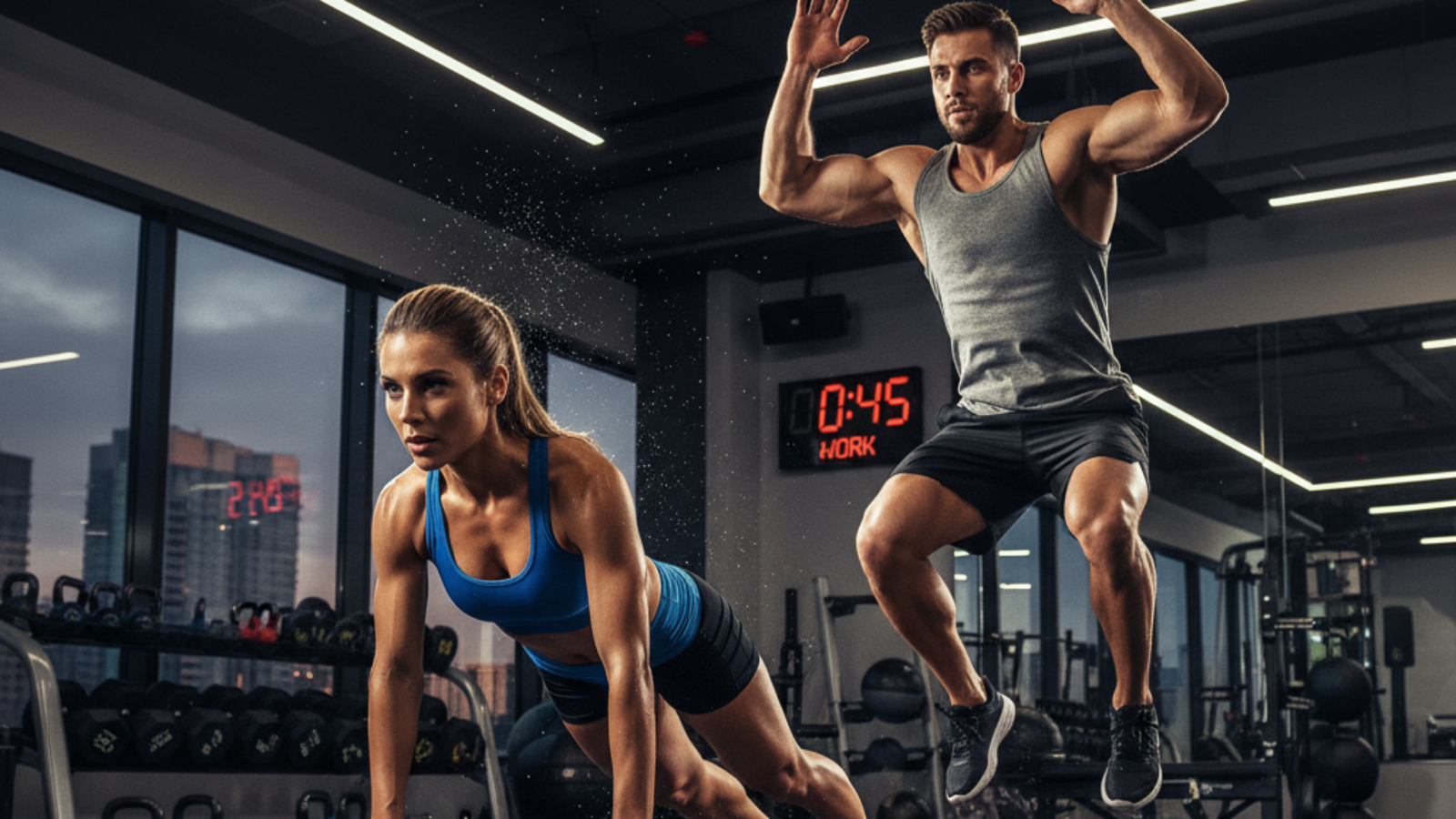 Fit man and woman doing intense HIIT workout in a modern gym, surrounded by equipment and motivation.