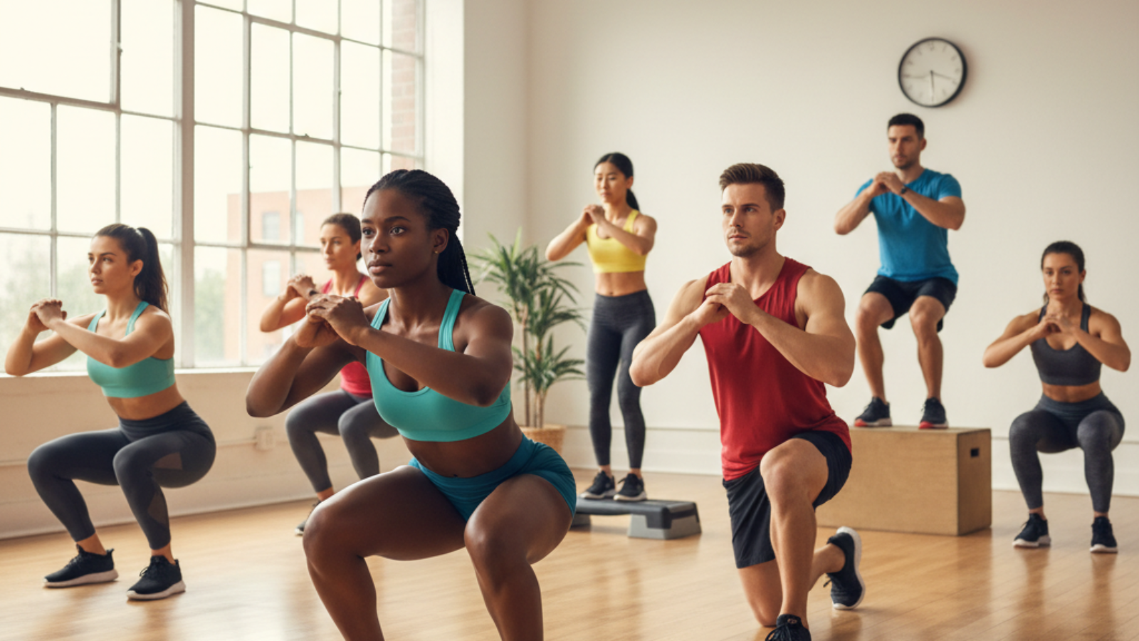 alt_text Diverse group doing leg exercises in a bright studio, showcasing form, movement, and fitness motivation.