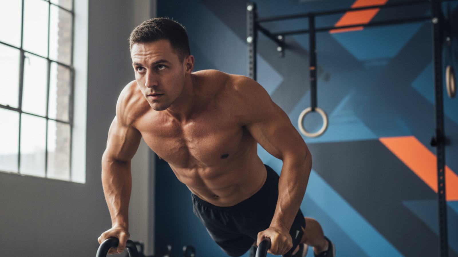 Fit athlete does push-ups on a stylish magazine cover titled "Master Bodyweight Chest Exercises".