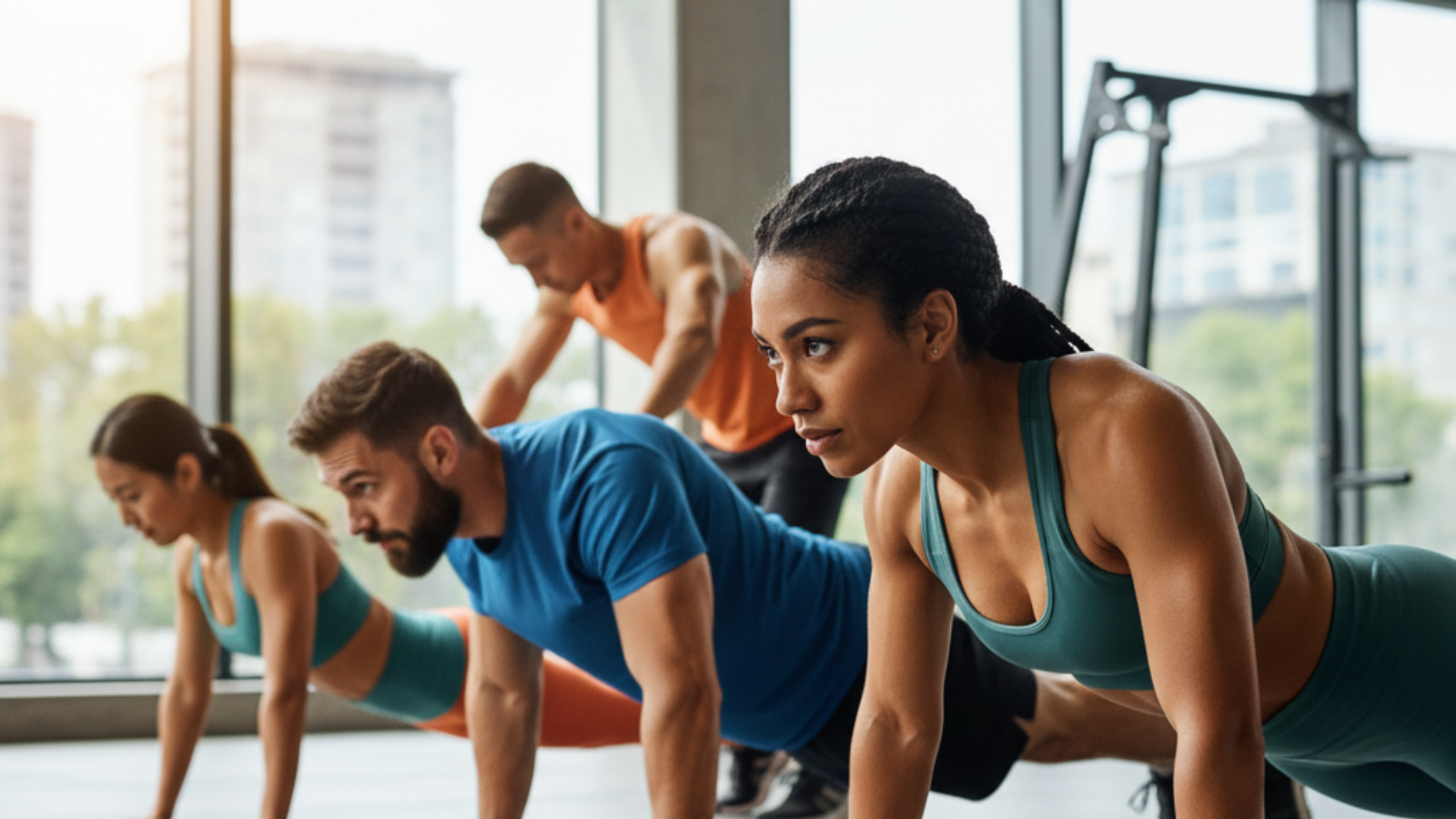 Fit adults of all backgrounds doing dynamic shoulder workouts together in a bright, modern gym setting.