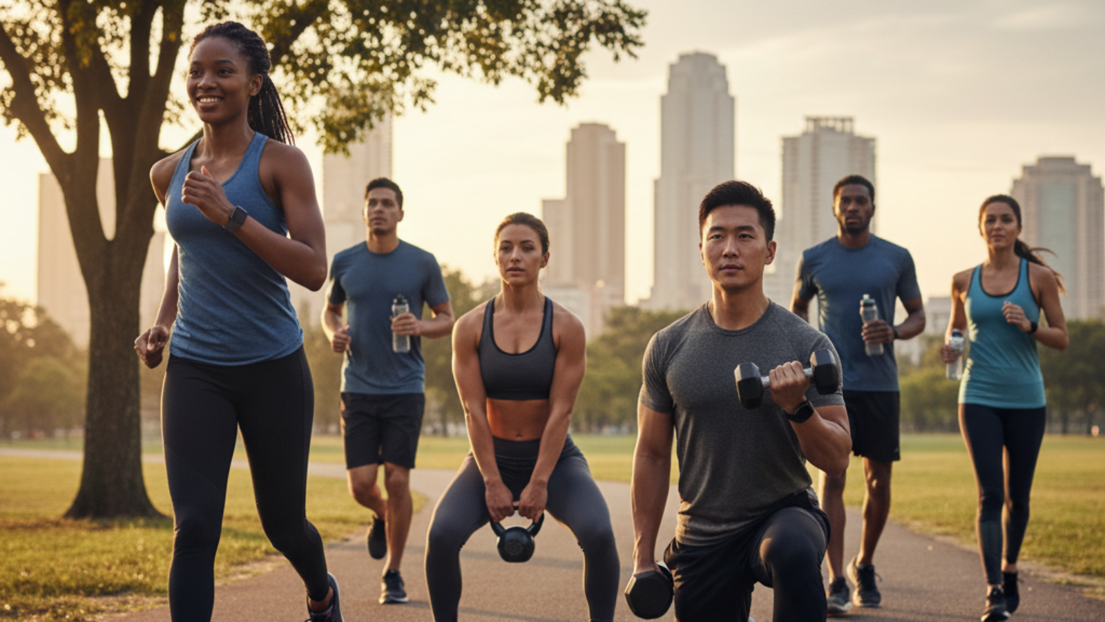 Diverse adults running and strength training in an urban park at sunrise, energetic and motivational.