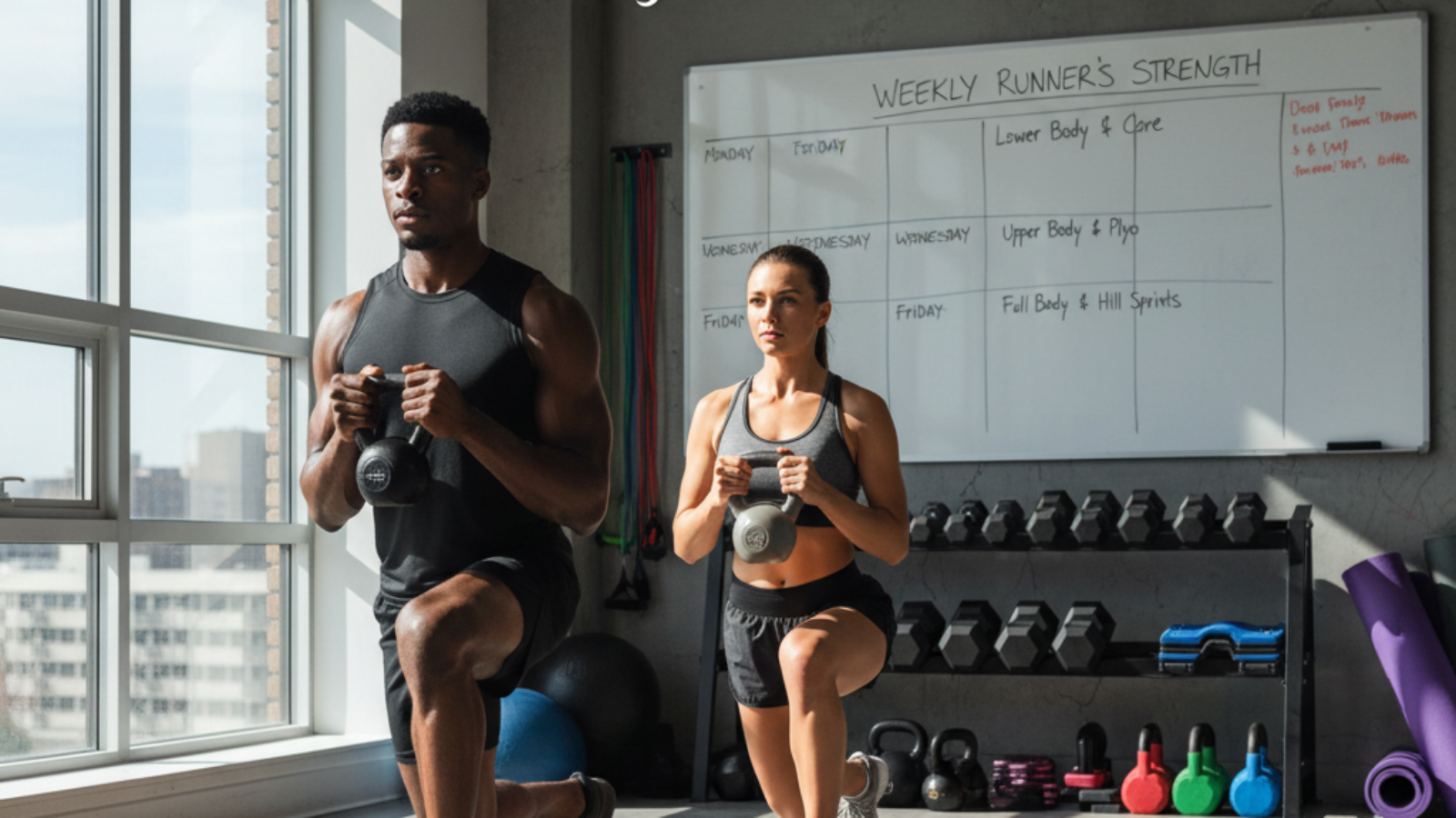 Diverse runners doing strength training in a bright gym, with a workout schedule on the wall.