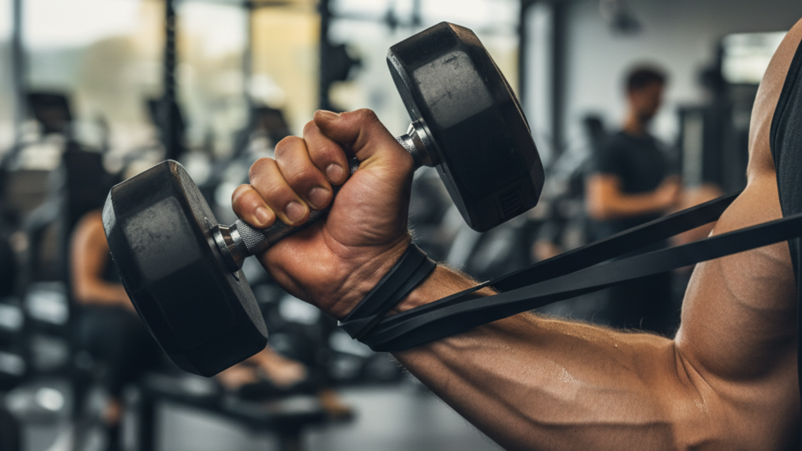 Alt_text: Strong hand gripping dumbbell, veins and muscles visible, in gym setting; "Wrist Strength Training" title.
