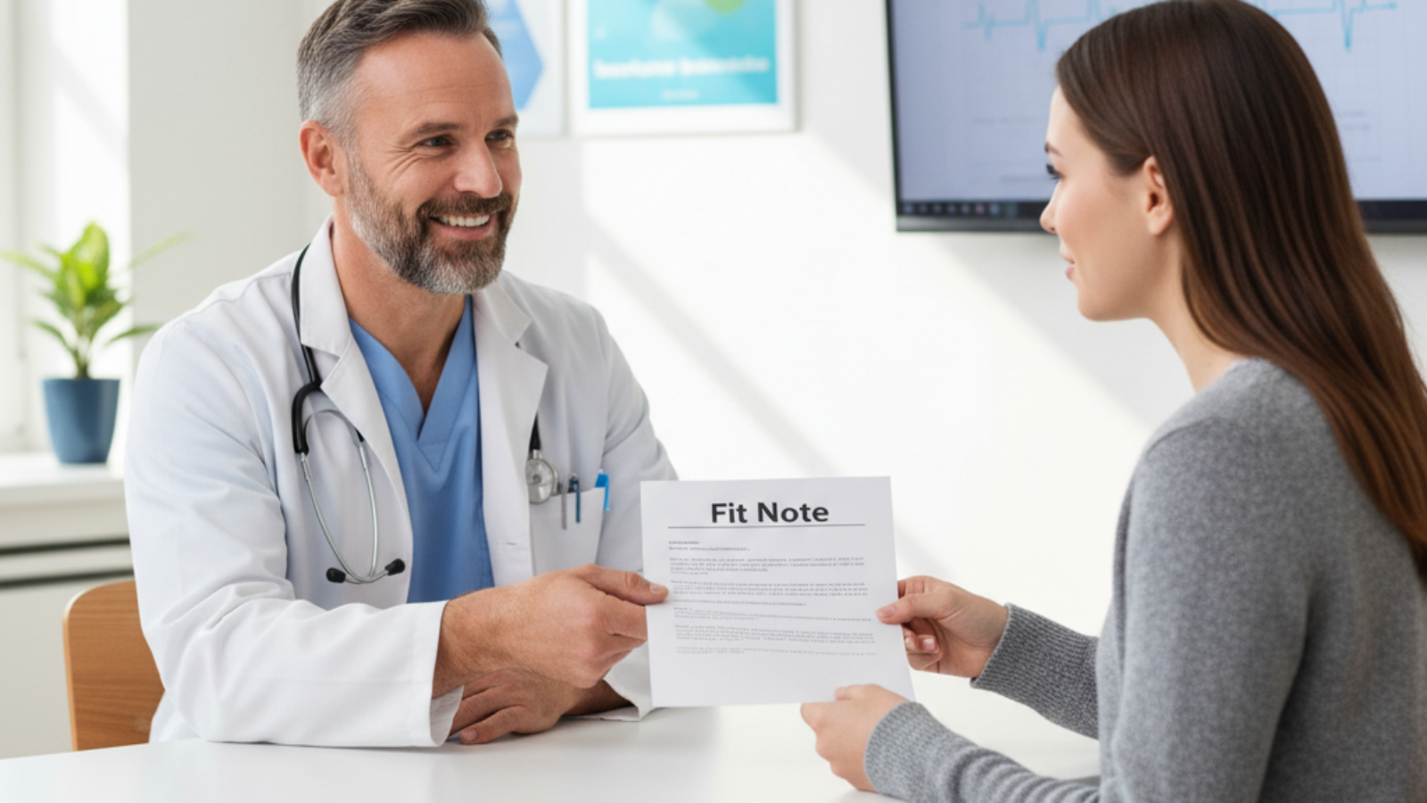 Doctor hands patient a Fit Note: learn about medical certification and support in the workplace.