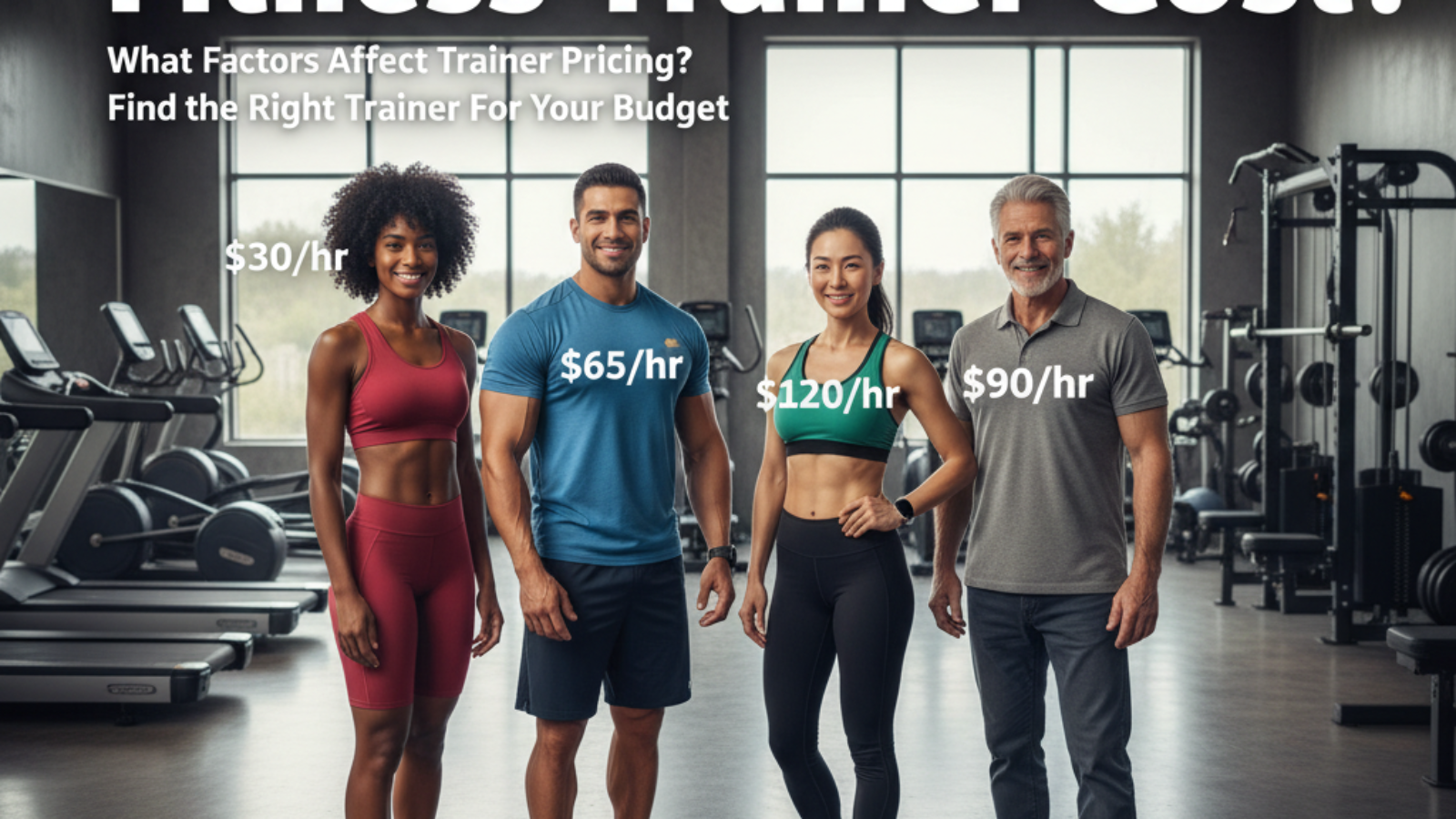 How Much Does a Fitness Trainer Cost? Diverse trainers with rates shown in a modern, welcoming gym.