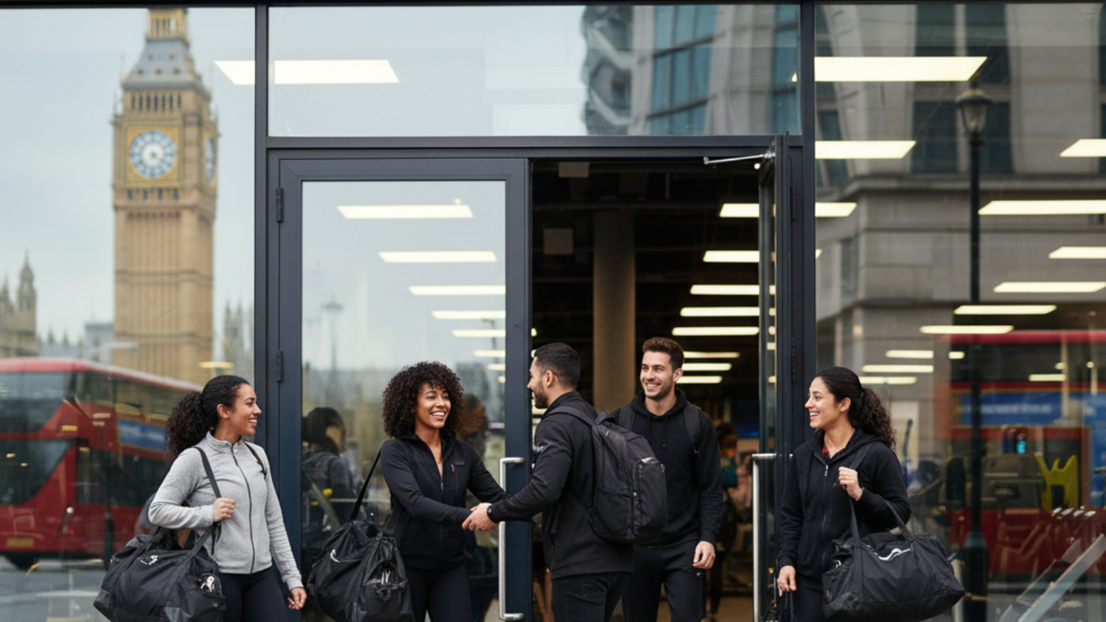 Gym-goers enter a modern Fitness First London with clear signage and city landmarks in the background.