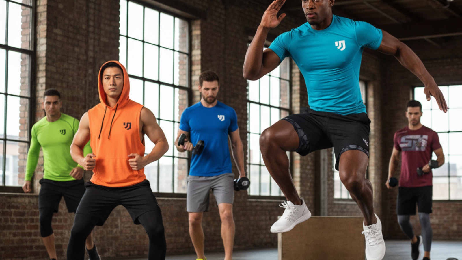 alt_text Fit men model trendy activewear in a bright gym, showcasing the latest styles and vibrant colors.