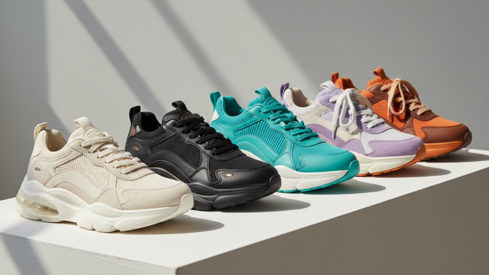 alt_text A stylish display of wide fit trainers in various colors, showcasing comfort and modern design.