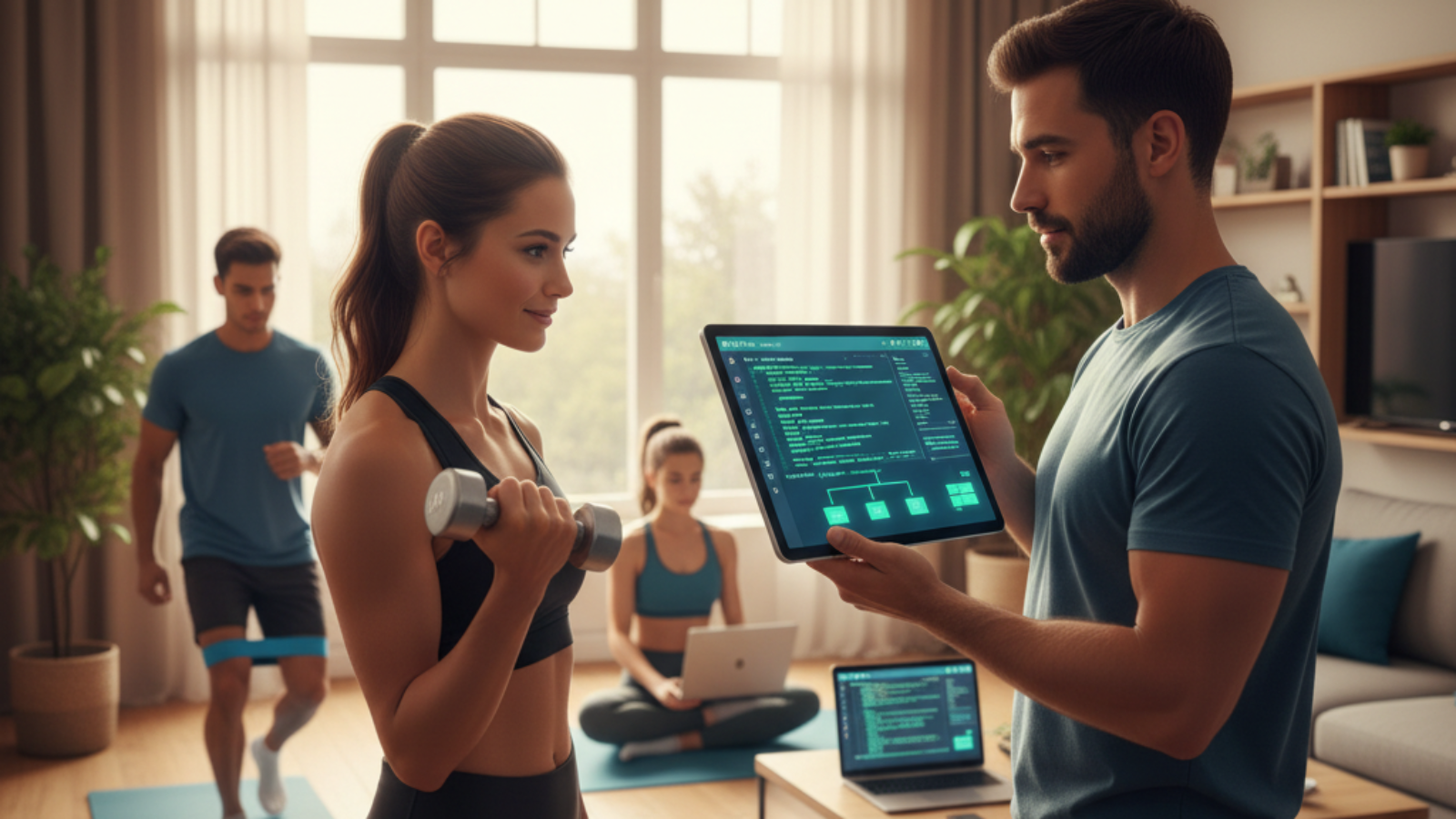 alt_text People in workout gear review code on laptops while exercising in a cozy, tech-filled home setting.