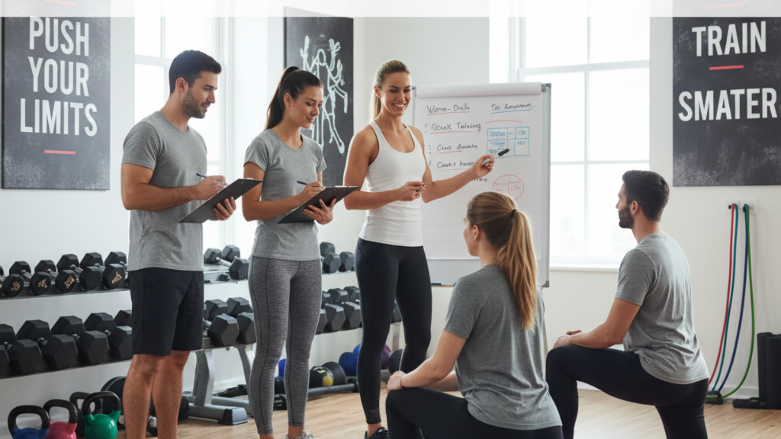 Aspiring fitness instructors learning in a modern gym, guided by a trainer, with bold course title above.