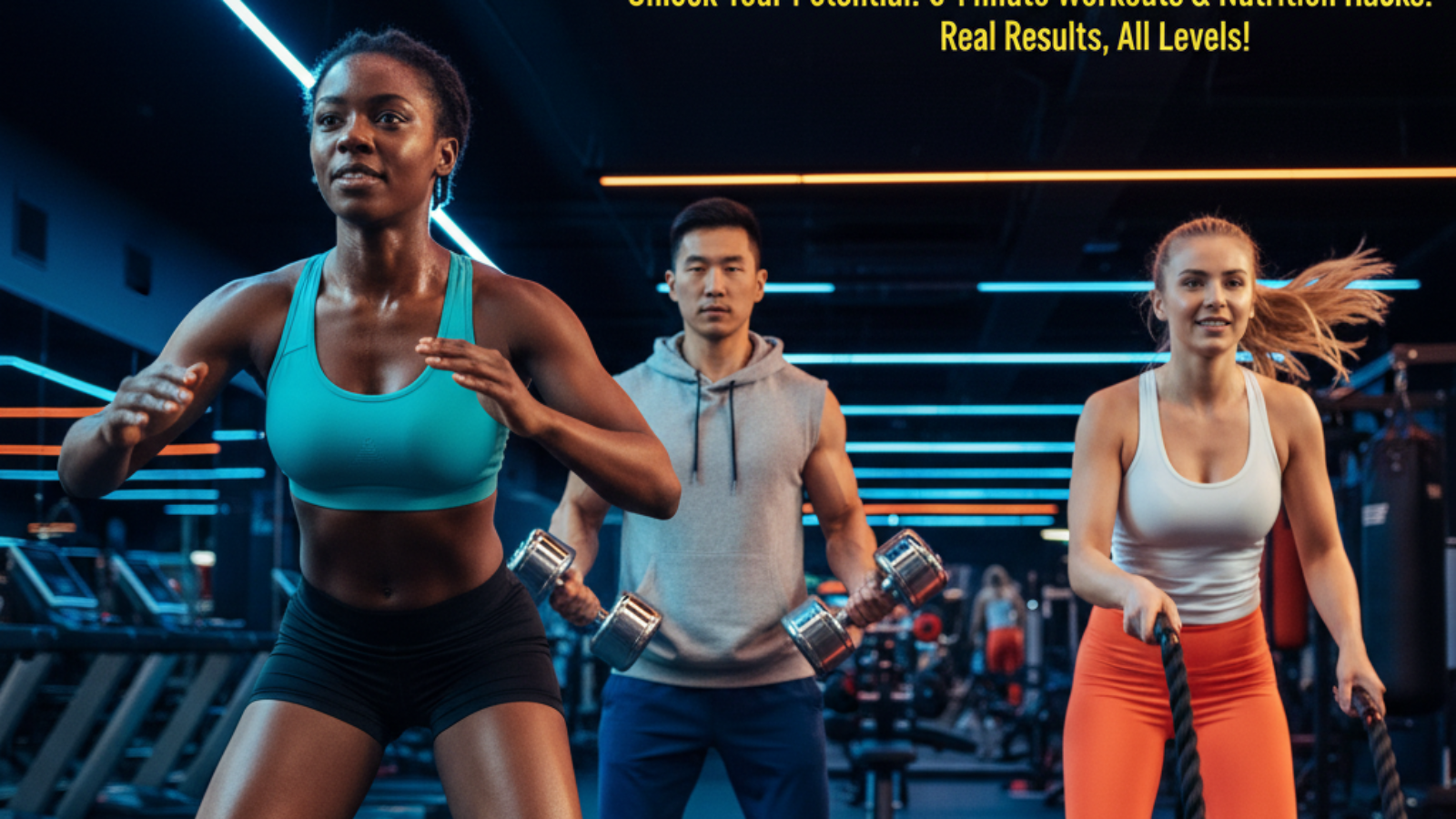 Diverse athletes working out energetically in a modern gym for a “How to Get Fit Fast” magazine cover.